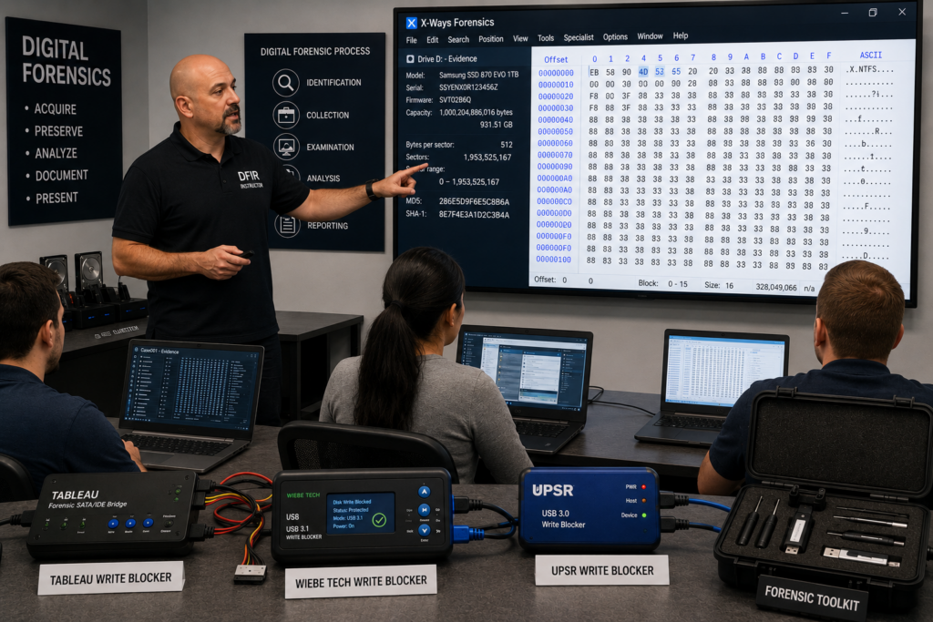 Digital forensics instructor teaching a class with forensic write blockers and analysis tools on screen