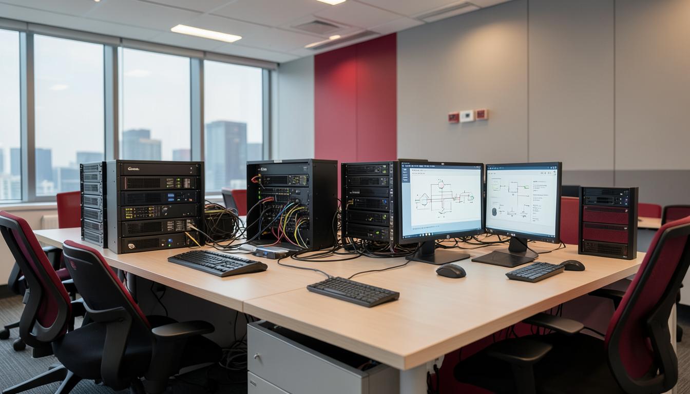 Cisco networking lab with routers, switches and network diagrams on monitors